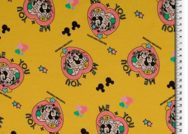 Jersey bedruckt - Micky & Minnie Maus im Herz auf Gelb